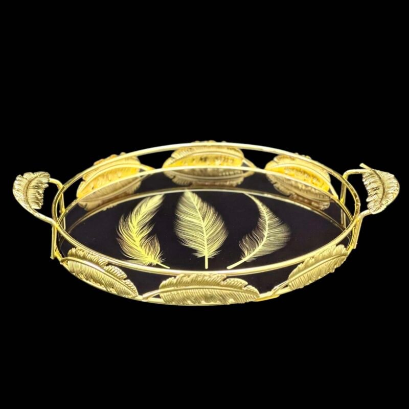 Löv bricka med rund handtag: 39cm - guld