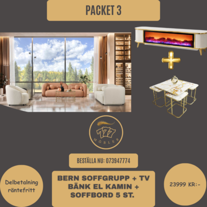 Bern Package 3 Bern Soffgrupp 3+3+1 + Tv bänk El kamin + Soffbord 5 ST.
