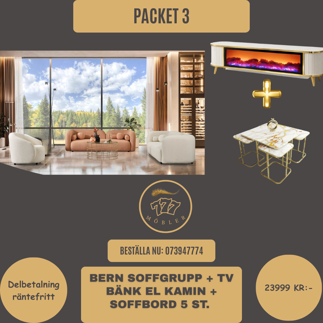 Bern Package 3 Bern Soffgrupp 3+3+1 + Tv bänk El kamin + Soffbord 5 ST.