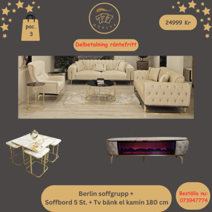 Package 3 Berlin Soffgrupp 3+3+1 + Tv bänk El kamin + Soffbord 5 ST.