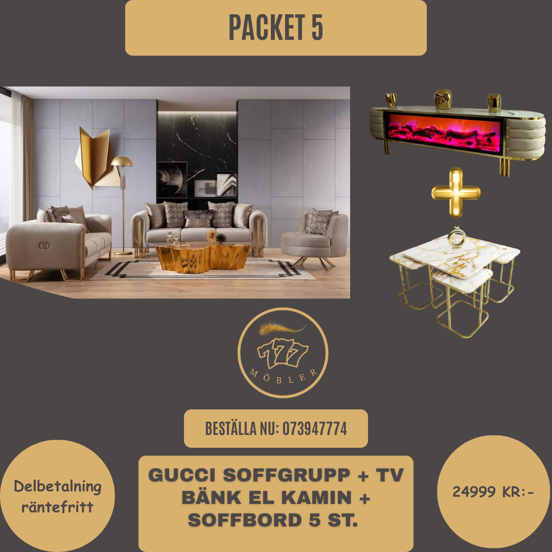 Package 5 Gucci Soffgrupp 3+3+1 + Tv bänk El kamin + Soffbord 5 ST.