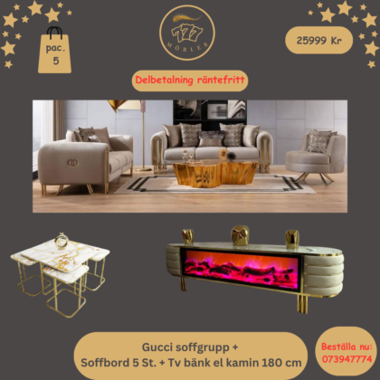 Package 5 Gucci Soffgrupp 3+3+1 + Tv bänk El kamin + Soffbord 5 ST.