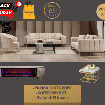 Package 1 Yarma Soffgrupp 3+3+1 + Tv bänk El kamin + Soffbord 5 ST.