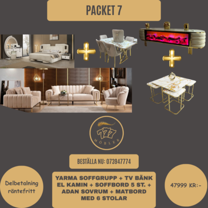 Package 7 Yarma Soffgrupp+ Tv bänk El kamin + Soffbord 5 ST. + Adan Sovrum + matbord med 6 stolar